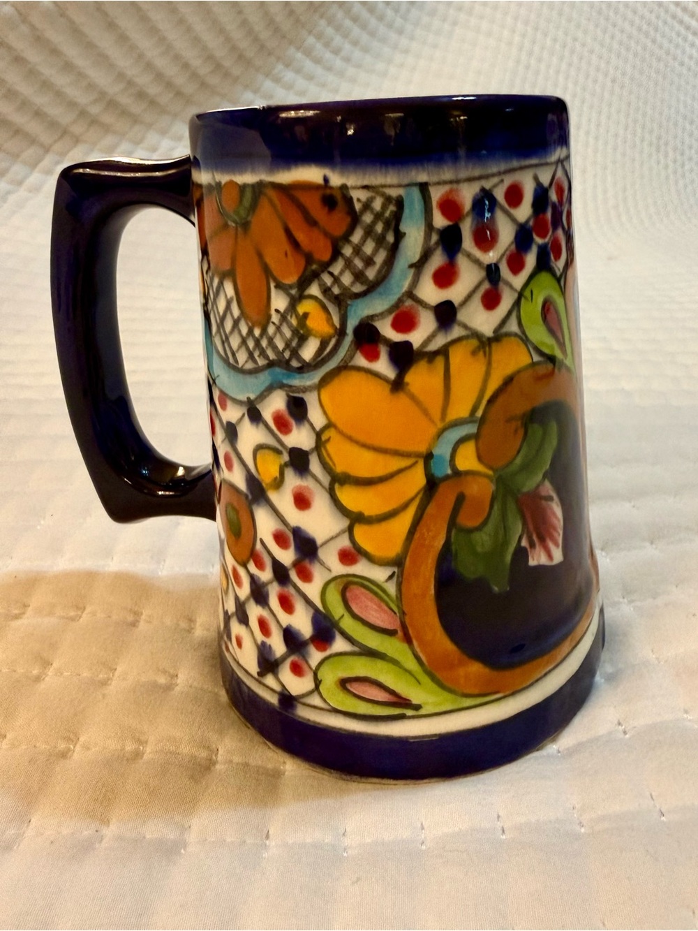 Hand-Painted Floral Ceramic Mug - Blue and Yellow